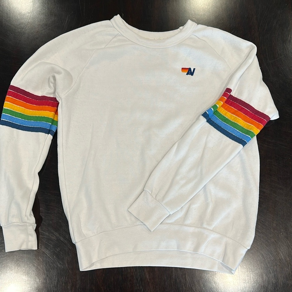 Aviator Nation White Crew neck Sweatshirt with Rainbow Stripes
